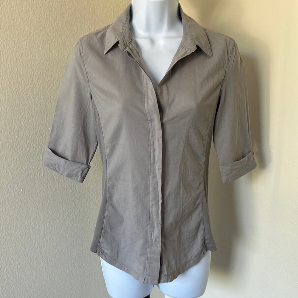James Perse Gray Button-Down Shirt with Rolled 3/4 Sleeves
